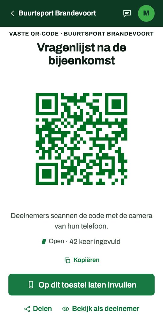 Een grote QR-code voor de Vragenlijst na de bijeenkomst, met de knoppen Op dit toestel laten invullen, Delen en Bekijk als deelnemer.