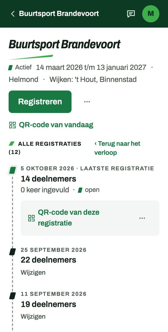 Een interventie op de telefoon: de knop Registreren en een tijdlijn met het aantal deelnemers per registratie.