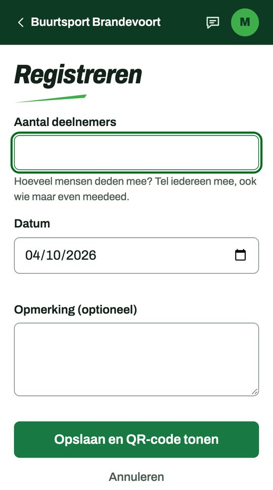 Het scherm Registreren met de velden Aantal deelnemers, Datum en Opmerking, en de knop Opslaan en QR-code tonen.