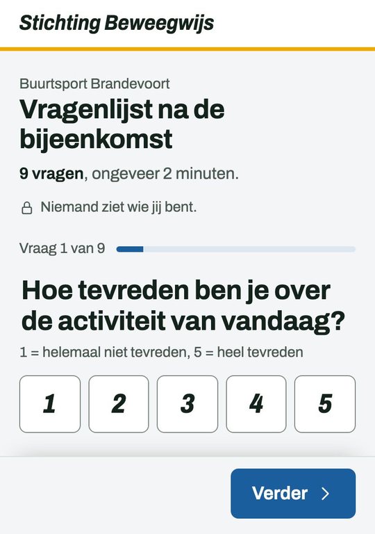 De vragenlijst voor deelnemers in de huisstijl van Stichting Beweegwijs: Hoe tevreden ben je over de activiteit van vandaag, met de keuzes 1 tot en met 5 en de tekst Niemand ziet wie jij bent.